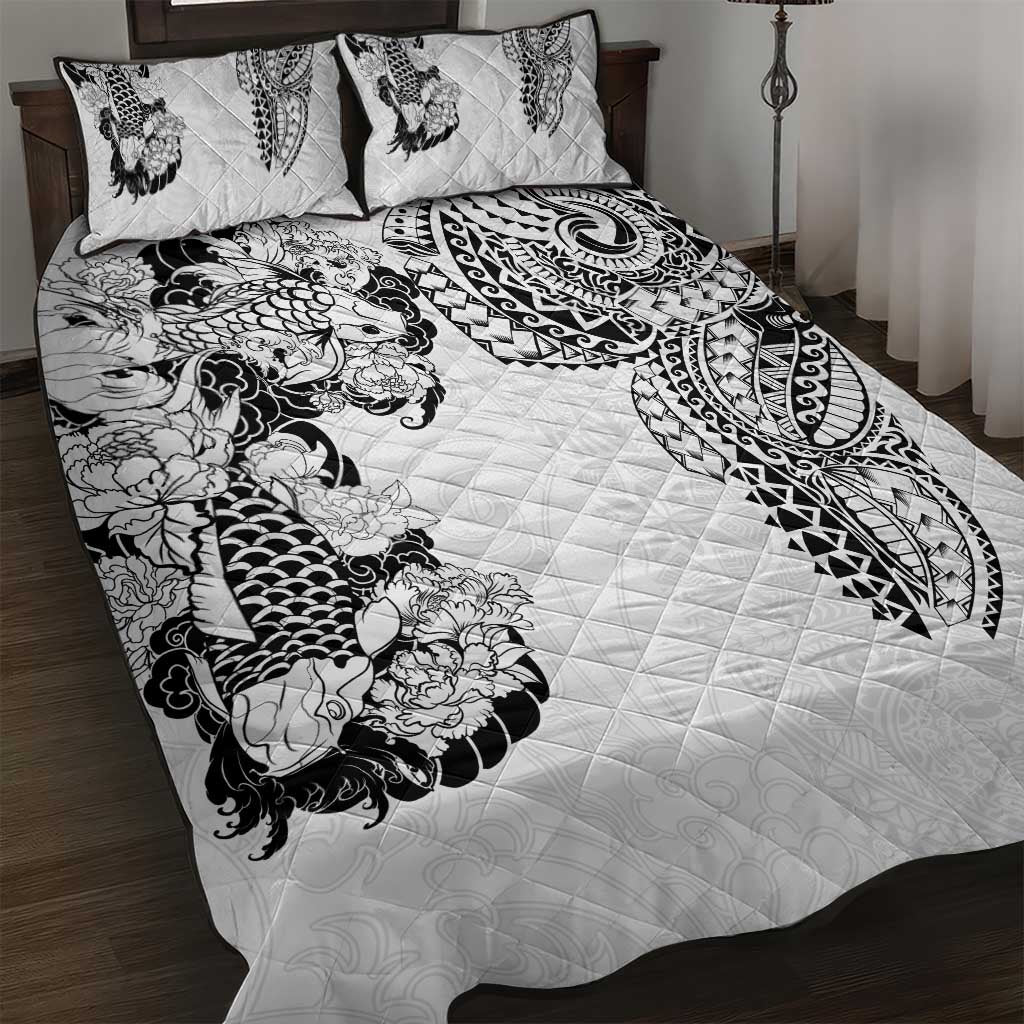 Japanese Irezumi and Hawaiian Polynesian Art Tattoo Quilt Bed Set White Color - Polynesian Pride