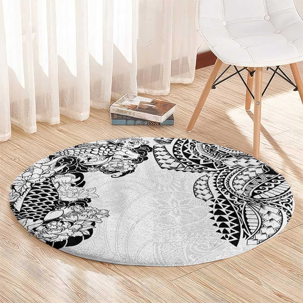 Japanese Irezumi and Hawaiian Polynesian Art Tattoo Round Carpet White Color - Polynesian Pride