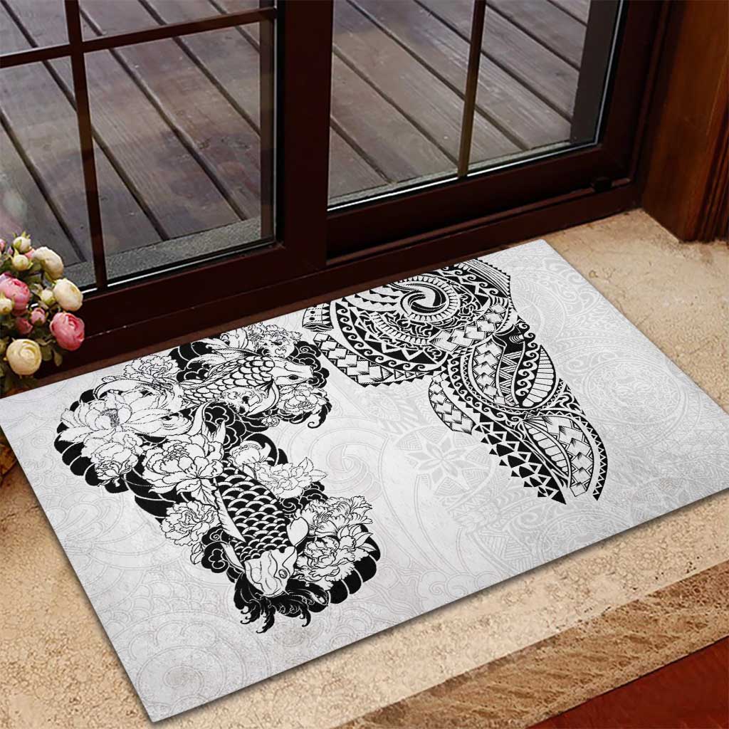 Japanese Irezumi and Hawaiian Polynesian Art Tattoo Rubber Doormat White Color - Polynesian Pride