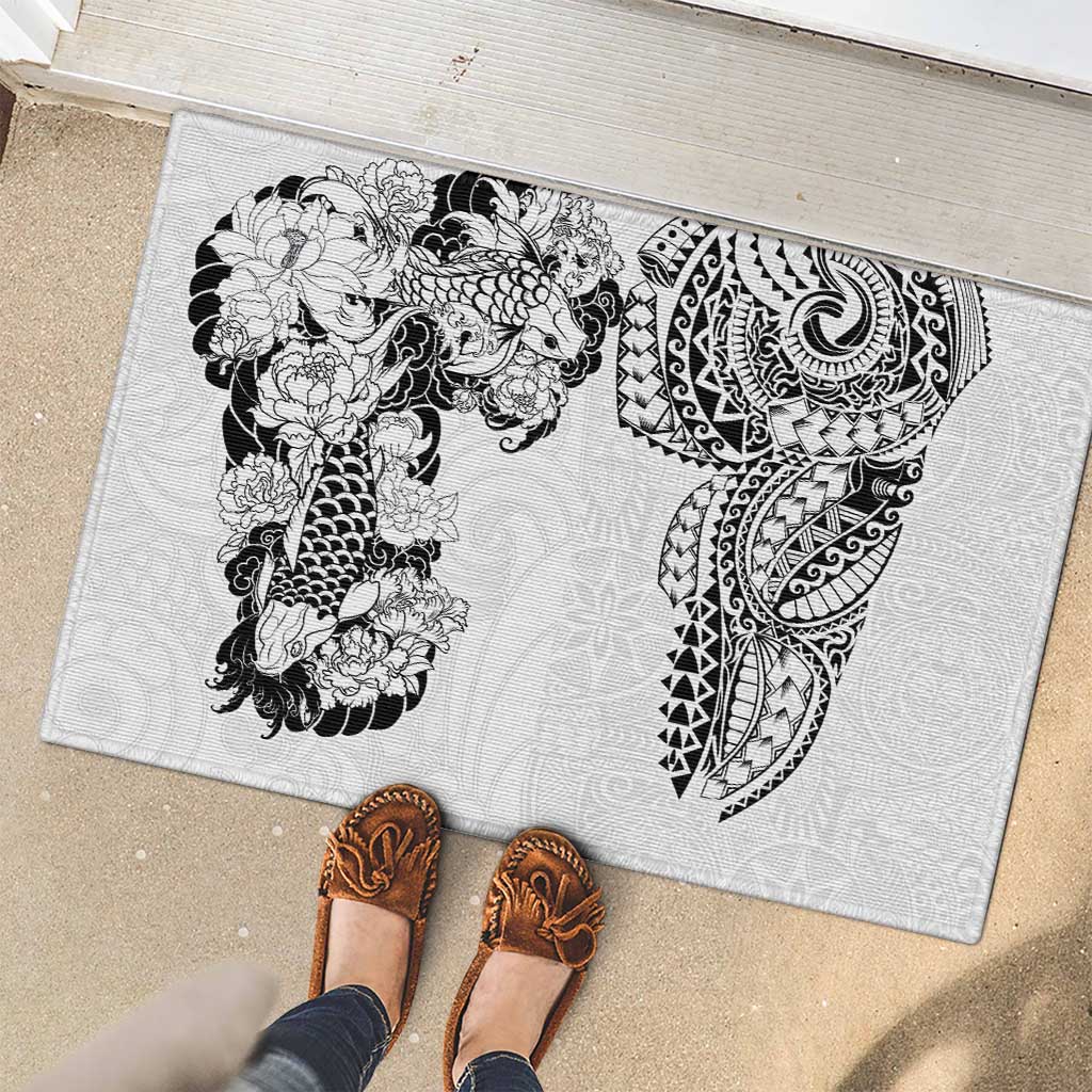 Japanese Irezumi and Hawaiian Polynesian Art Tattoo Rubber Doormat White Color - Polynesian Pride