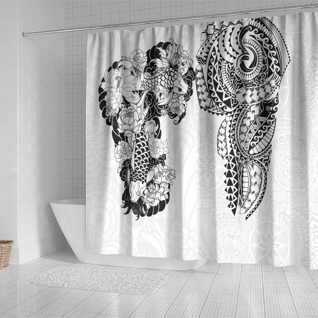 Japanese Irezumi and Hawaiian Polynesian Art Tattoo Shower Curtain White Color - Polynesian Pride