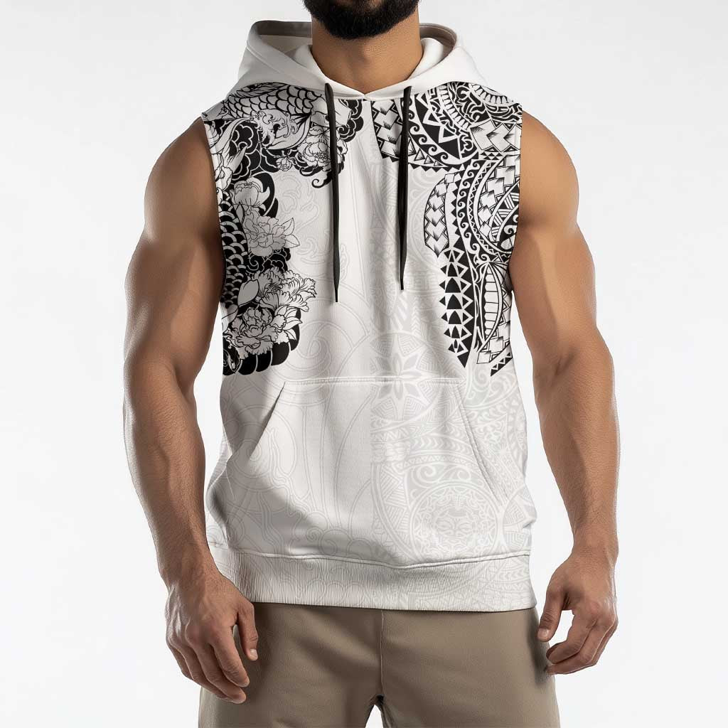 Japanese Irezumi and Hawaiian Polynesian Art Tattoo Sleeveless Hoodie White Color - Polynesian Pride