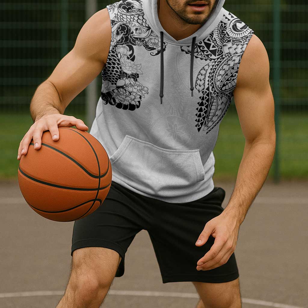 Japanese Irezumi and Hawaiian Polynesian Art Tattoo Sleeveless Hoodie White Color - Polynesian Pride