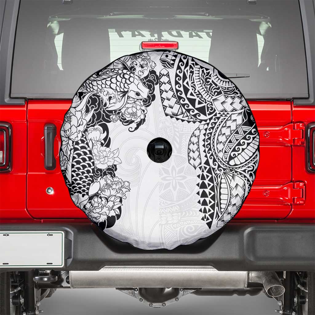 Japanese Irezumi and Hawaiian Polynesian Art Tattoo Spare Tire Cover White Color - Polynesian Pride