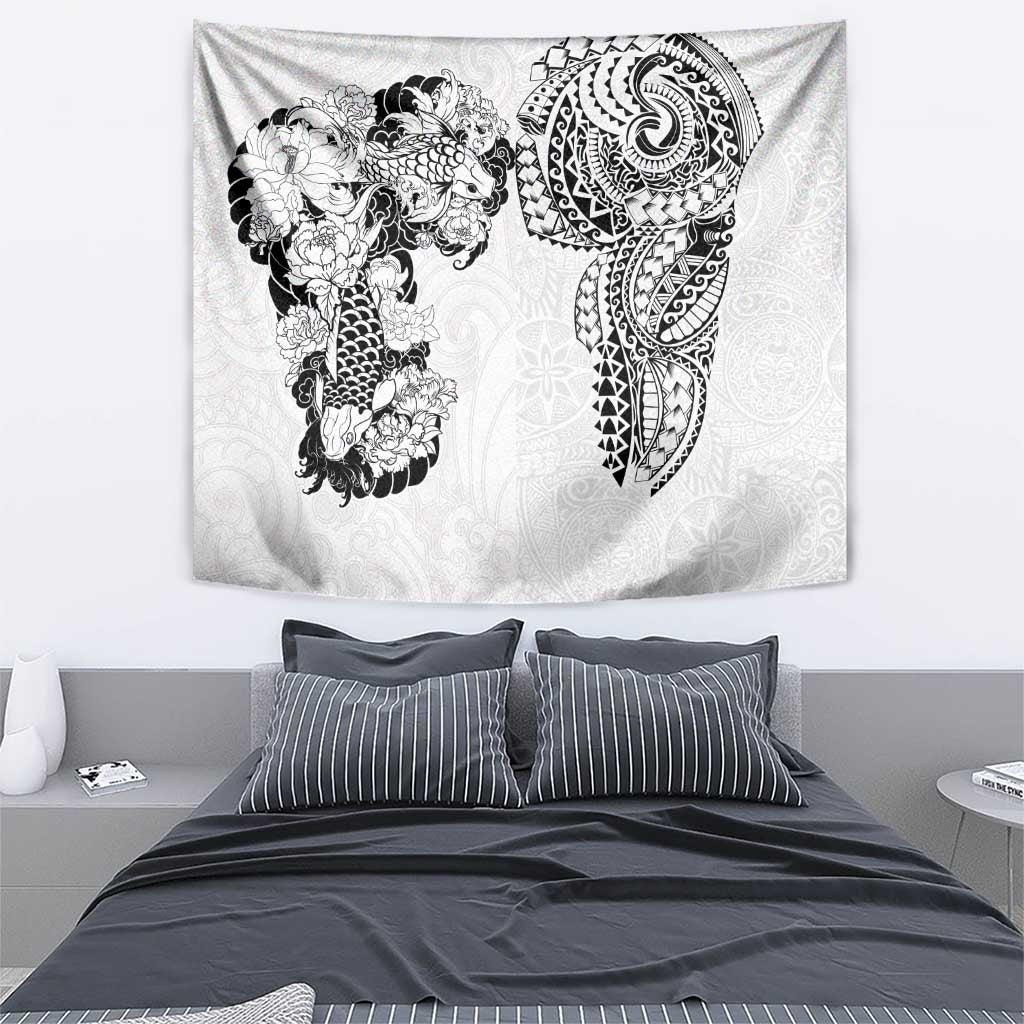 Japanese Irezumi and Hawaiian Polynesian Art Tattoo Tapestry White Color - Polynesian Pride