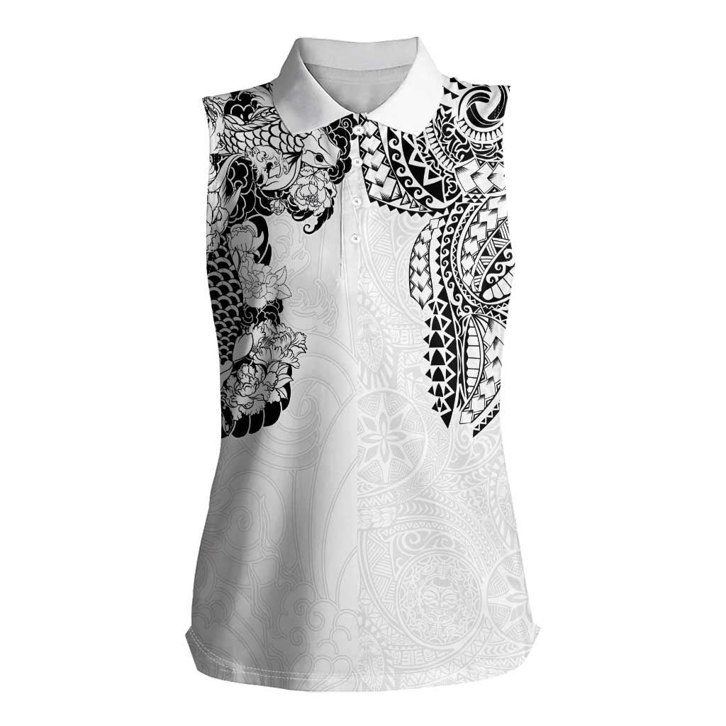 Japanese Irezumi and Hawaiian Polynesian Art Tattoo Women Sleeveless Polo Shirt White Color - Polynesian Pride