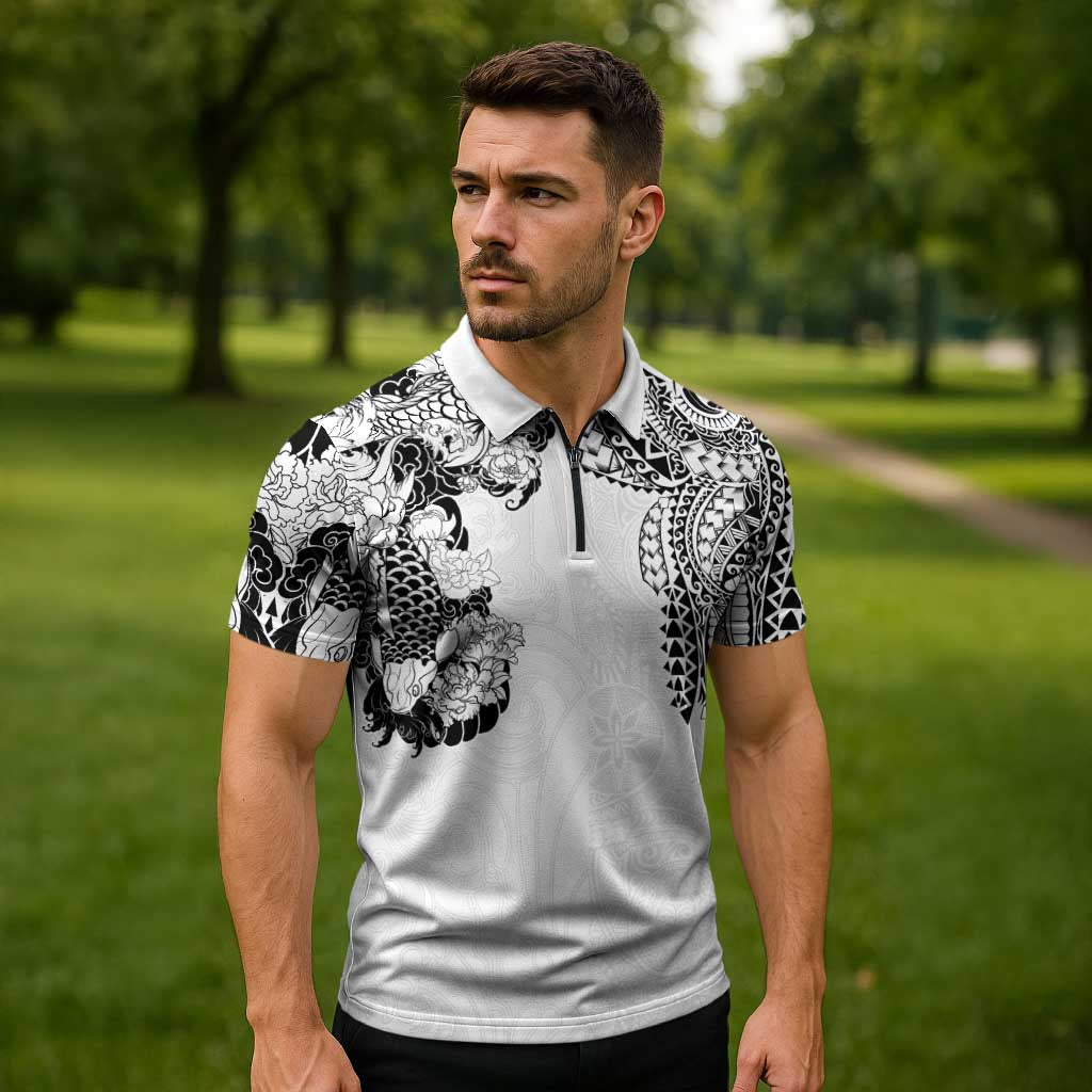 Japanese Irezumi and Hawaiian Polynesian Art Tattoo Zipper Polo Shirt White Color - Polynesian Pride