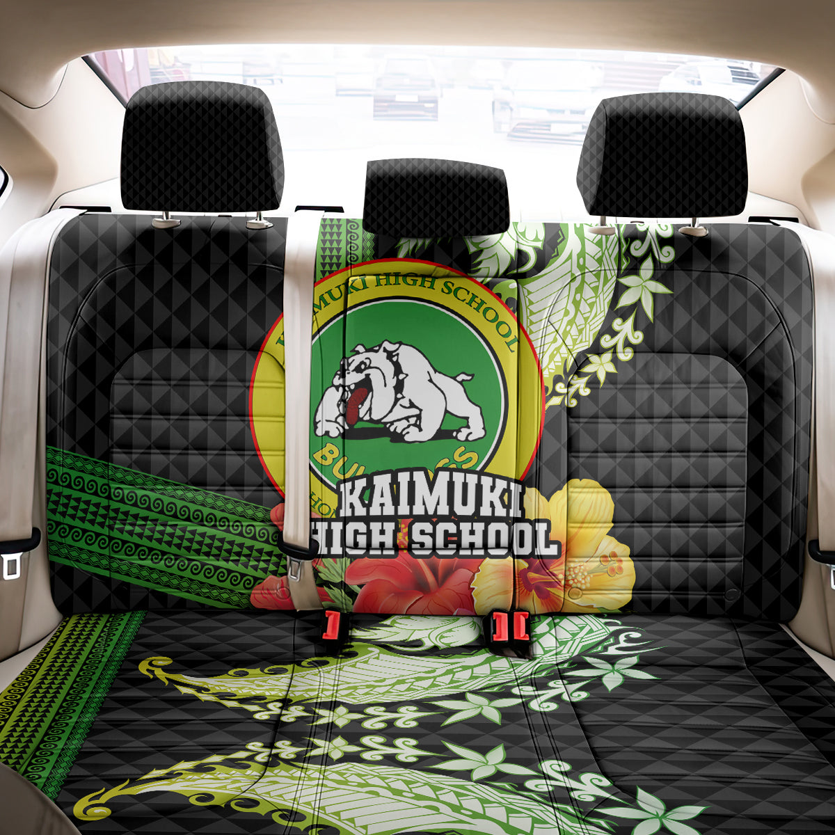Hawaii Kaimuki High School Back Car Seat Cover Tribal Kakau Pattern Mix Hibiscus Flower LT03