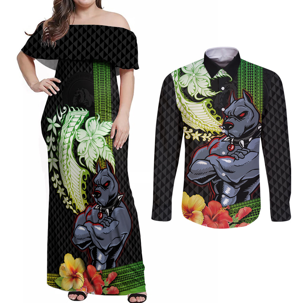 Hawaii Kaimuki High School Couples Matching Off Shoulder Maxi Dress and Long Sleeve Button Shirt Tribal Kakau Pattern Mix Hibiscus Flower LT03 Black - Polynesian Pride