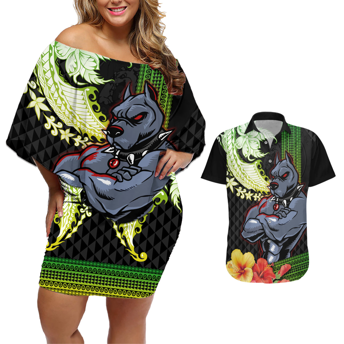 Hawaii Kaimuki High School Couples Matching Off Shoulder Short Dress and Hawaiian Shirt Tribal Kakau Pattern Mix Hibiscus Flower LT03 Black - Polynesian Pride
