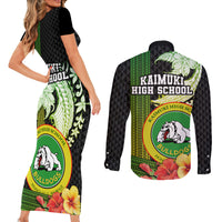 Hawaii Kaimuki High School Couples Matching Short Sleeve Bodycon Dress and Long Sleeve Button Shirt Tribal Kakau Pattern Mix Hibiscus Flower LT03 - Polynesian Pride