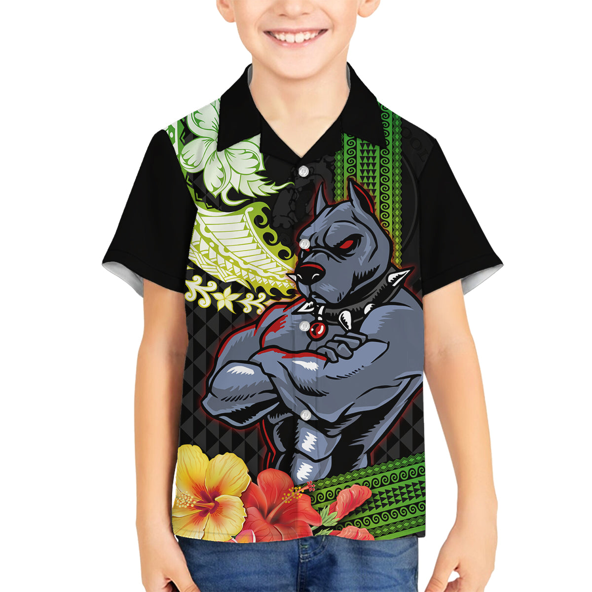 Hawaii Kaimuki High School Family Matching Tank Maxi Dress and Hawaiian Shirt Tribal Kakau Pattern Mix Hibiscus Flower LT03 Son's Shirt Black - Polynesian Pride