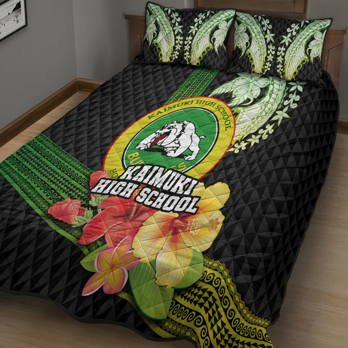 Hawaii Kaimuki High School Quilt Bed Set Tribal Kakau Pattern Mix Hibiscus Flower LT03 - Polynesian Pride