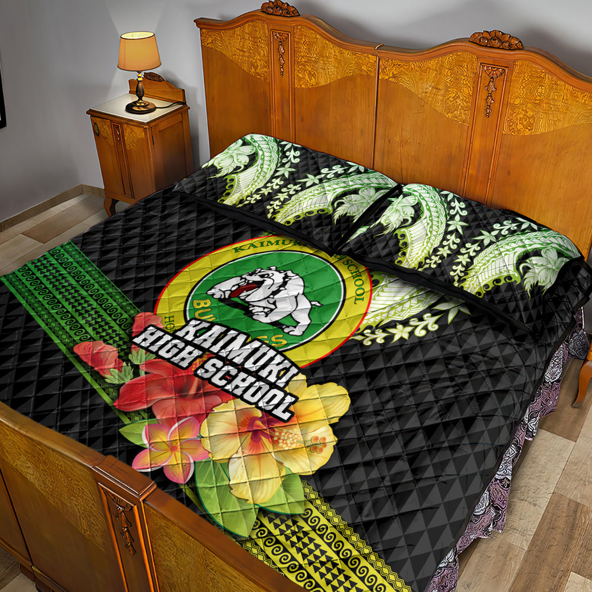 Hawaii Kaimuki High School Quilt Bed Set Tribal Kakau Pattern Mix Hibiscus Flower LT03 - Polynesian Pride