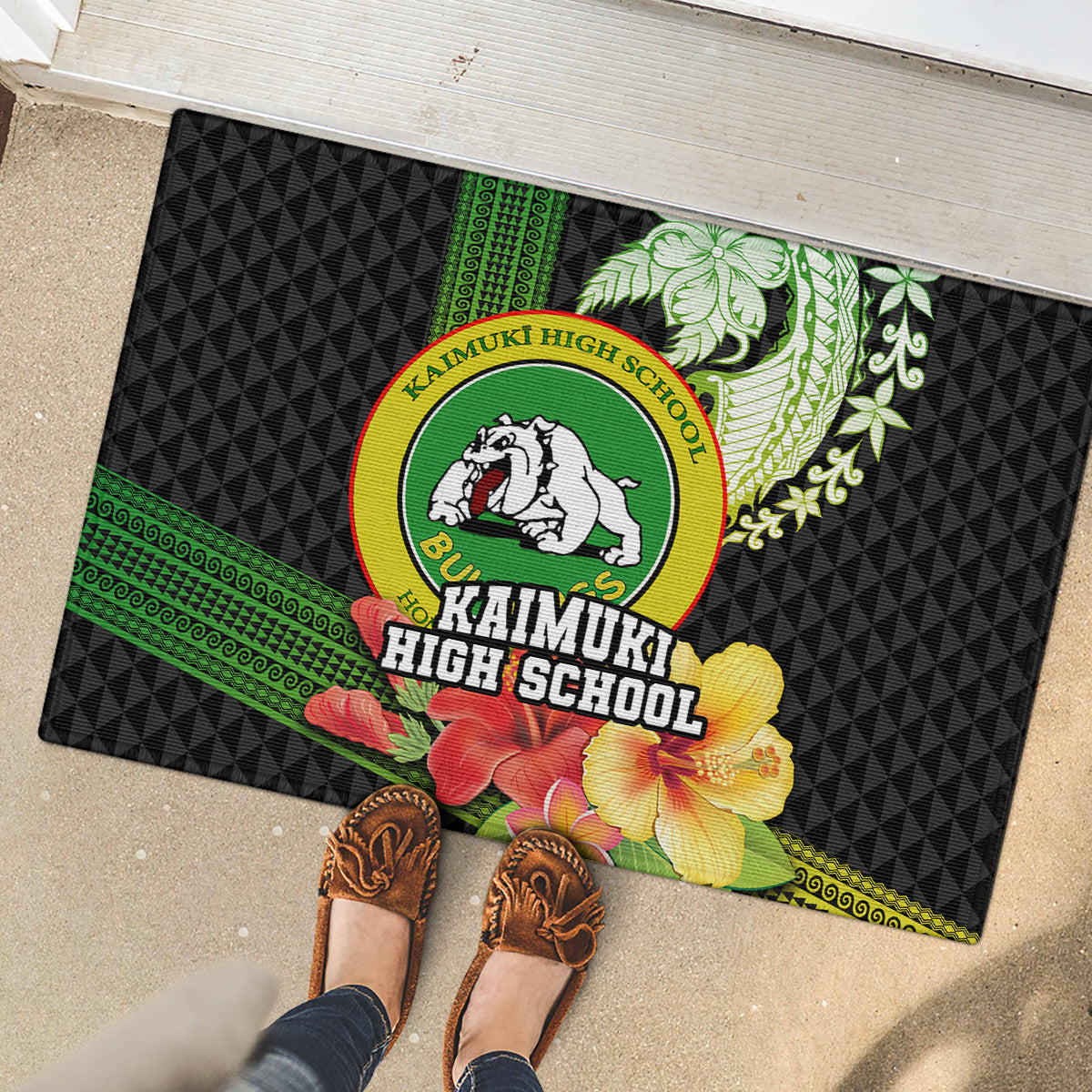 Hawaii Kaimuki High School Rubber Doormat Tribal Kakau Pattern Mix Hibiscus Flower LT03 - Polynesian Pride