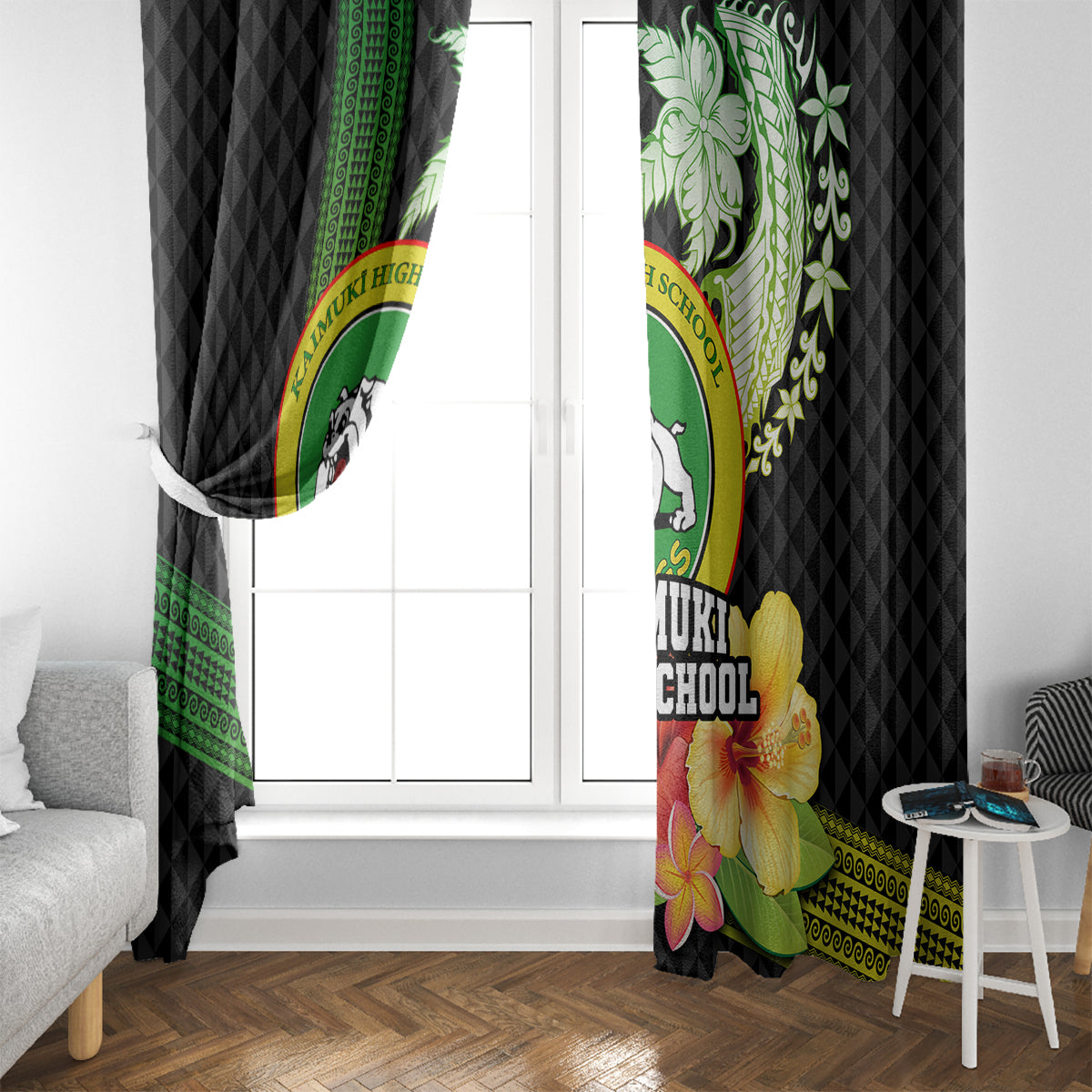 Hawaii Kaimuki High School Window Curtain Tribal Kakau Pattern Mix Hibiscus Flower LT03 - Polynesian Pride