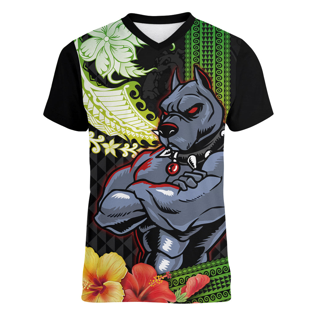 Hawaii Kaimuki High School Women V Neck T Shirt Tribal Kakau Pattern Mix Hibiscus Flower LT03 Female Black - Polynesian Pride