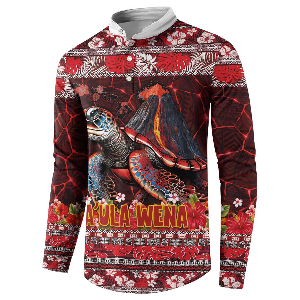Hawaii KaʻUla Wena Volcano Turtle Button Sweatshirt Lava and Tropical Plants Tribal Pattern