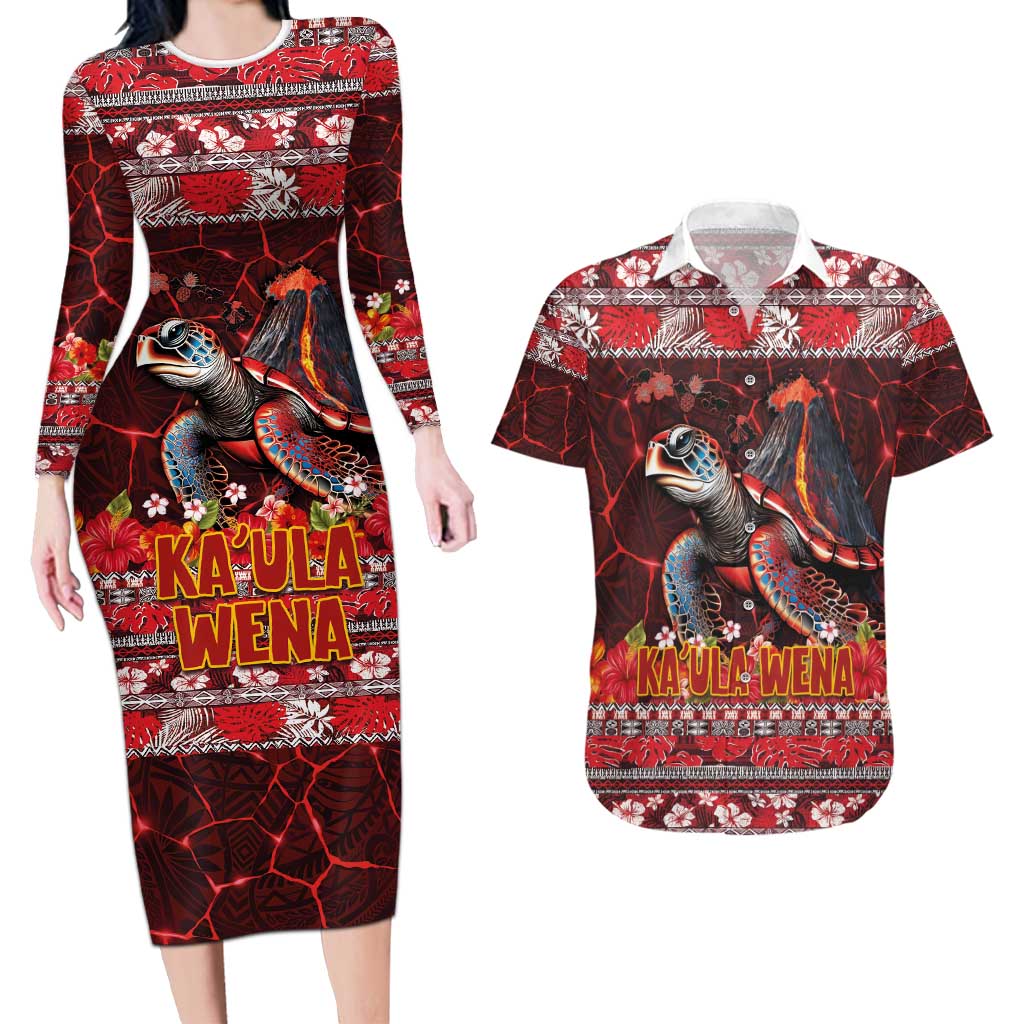 Hawaii KaʻUla Wena Volcano Turtle Couples Matching Long Sleeve Bodycon Dress and Hawaiian Shirt Lava and Tropical Plants Tribal Pattern