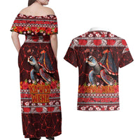 Hawaii KaʻUla Wena Volcano Turtle Couples Matching Off Shoulder Maxi Dress and Hawaiian Shirt Lava and Tropical Plants Tribal Pattern