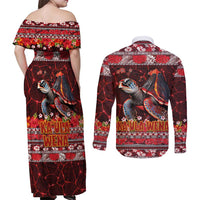 Hawaii KaʻUla Wena Volcano Turtle Couples Matching Off Shoulder Maxi Dress and Long Sleeve Button Shirt Lava and Tropical Plants Tribal Pattern