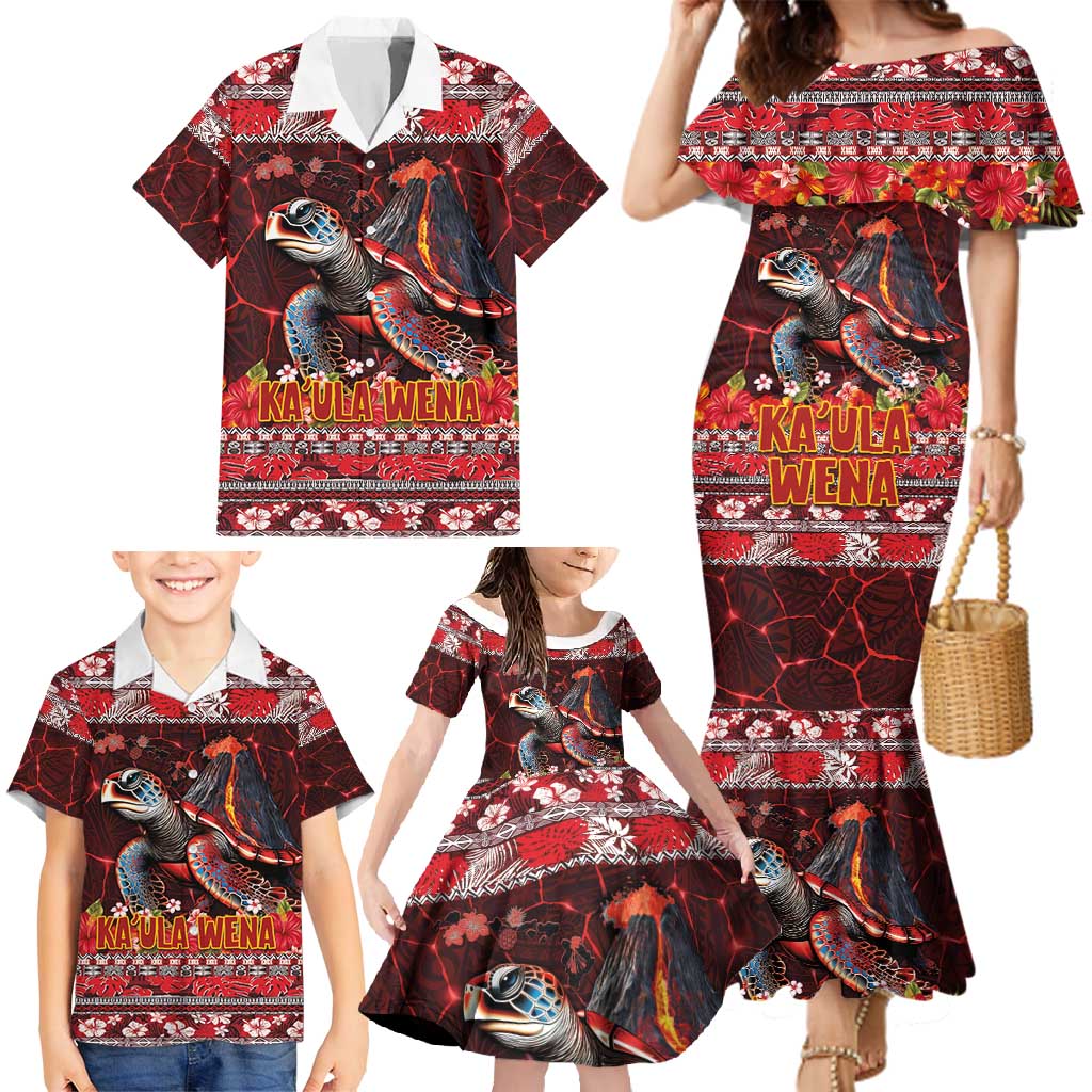 Hawaii KaʻUla Wena Volcano Turtle Family Matching Mermaid Dress and Hawaiian Shirt Lava and Tropical Plants Tribal Pattern