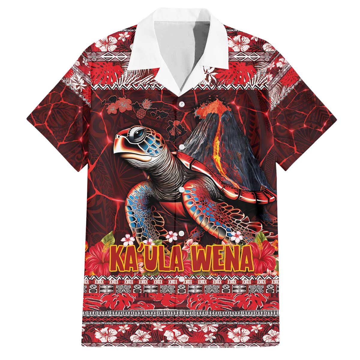 Hawaii KaʻUla Wena Volcano Turtle Family Matching Off The Shoulder Long Sleeve Dress and Hawaiian Shirt Lava and Tropical Plants Tribal Pattern