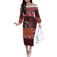 Hawaii KaʻUla Wena Volcano Turtle Family Matching Off The Shoulder Long Sleeve Dress and Hawaiian Shirt Lava and Tropical Plants Tribal Pattern