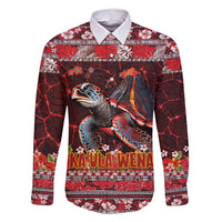 Hawaii KaʻUla Wena Volcano Turtle Family Matching Off Shoulder Maxi Dress and Hawaiian Shirt Lava and Tropical Plants Tribal Pattern