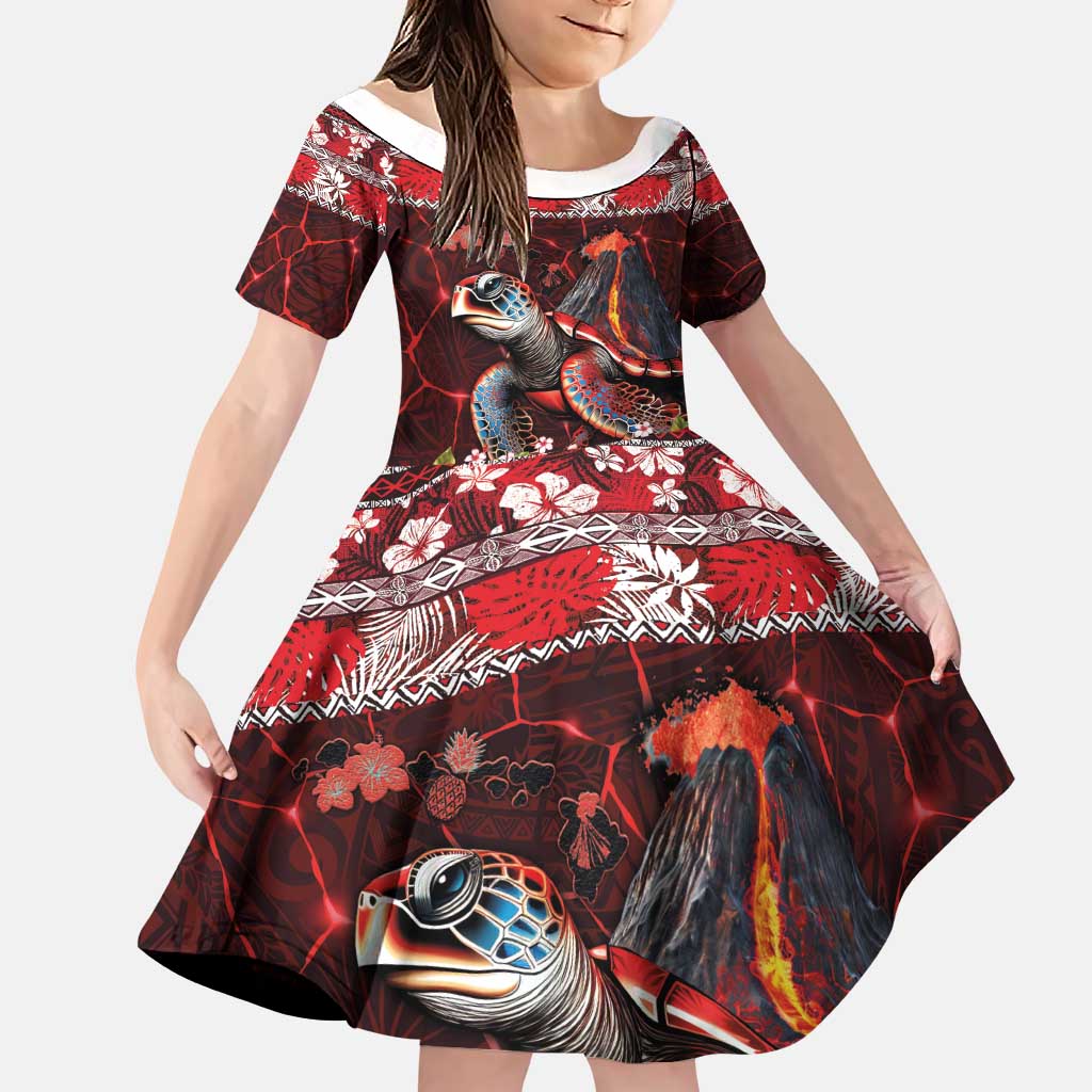 Hawaii KaUla Wena Volcano Turtle Family Matching Puletasi and Hawaiian Shirt Lava and Tropical Plants Tribal Pattern LT03 Daughter's Dress Red - Polynesian Pride