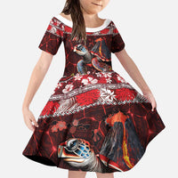 Hawaii KaUla Wena Volcano Turtle Family Matching Puletasi and Hawaiian Shirt Lava and Tropical Plants Tribal Pattern LT03 Daughter's Dress Red - Polynesian Pride