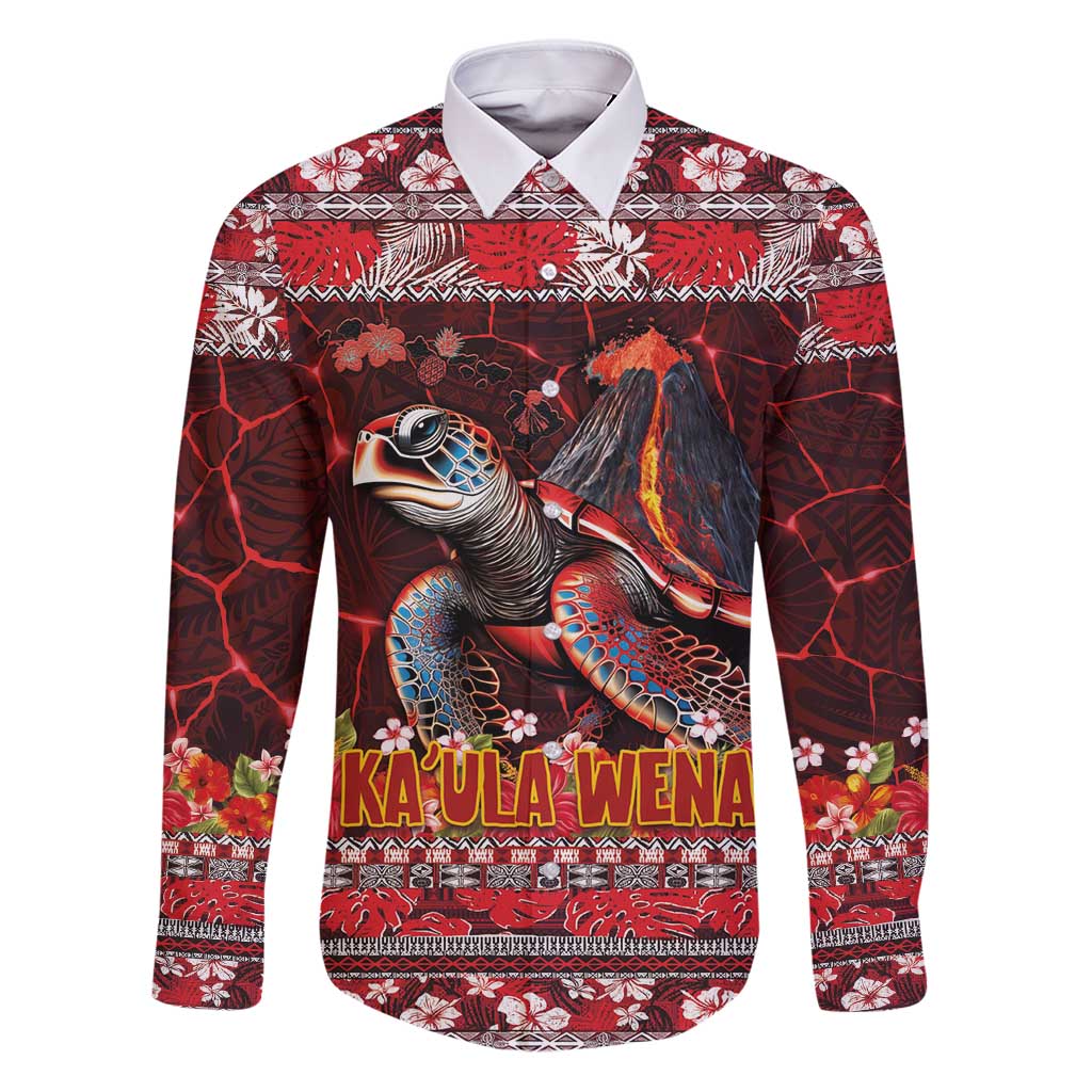 Hawaii KaUla Wena Volcano Turtle Family Matching Puletasi and Hawaiian Shirt Lava and Tropical Plants Tribal Pattern LT03 Dad's Shirt - Long Sleeve Red - Polynesian Pride