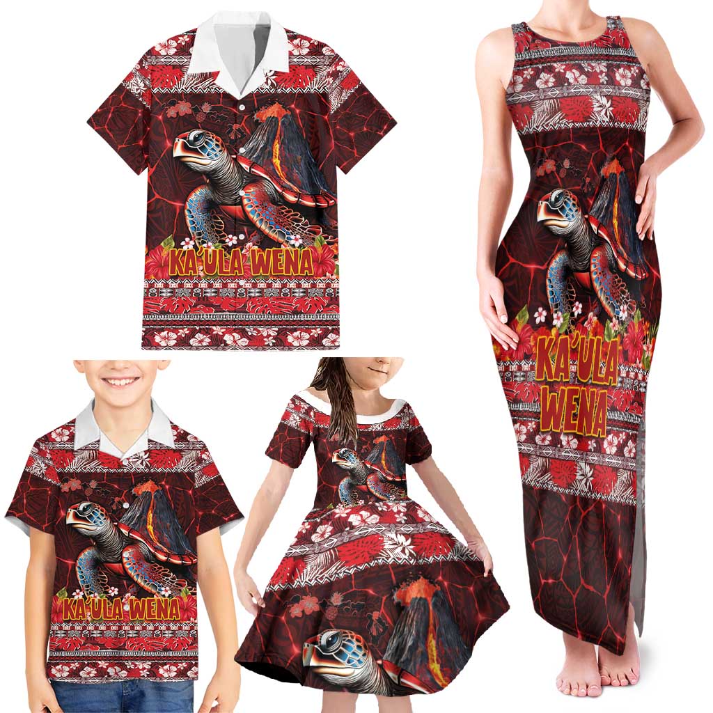 Hawaii KaʻUla Wena Volcano Turtle Family Matching Tank Maxi Dress and Hawaiian Shirt Lava and Tropical Plants Tribal Pattern