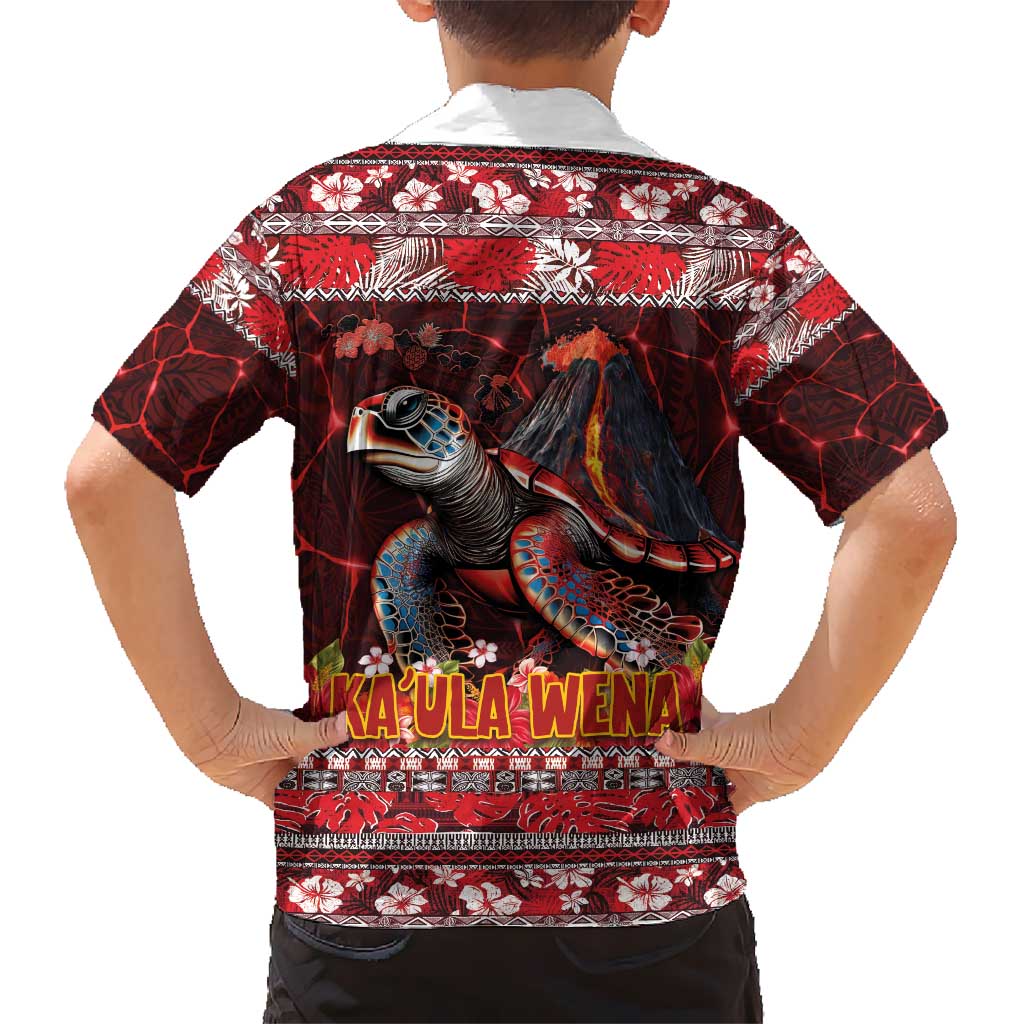 Hawaii KaʻUla Wena Volcano Turtle Kid Hawaiian Shirt Lava and Tropical Plants Tribal Pattern