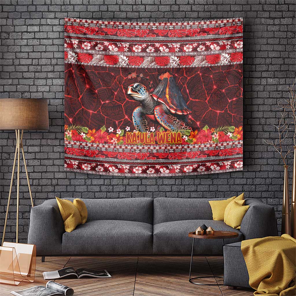 Hawaii KaʻUla Wena Volcano Turtle Tapestry Lava and Tropical Plants Tribal Pattern