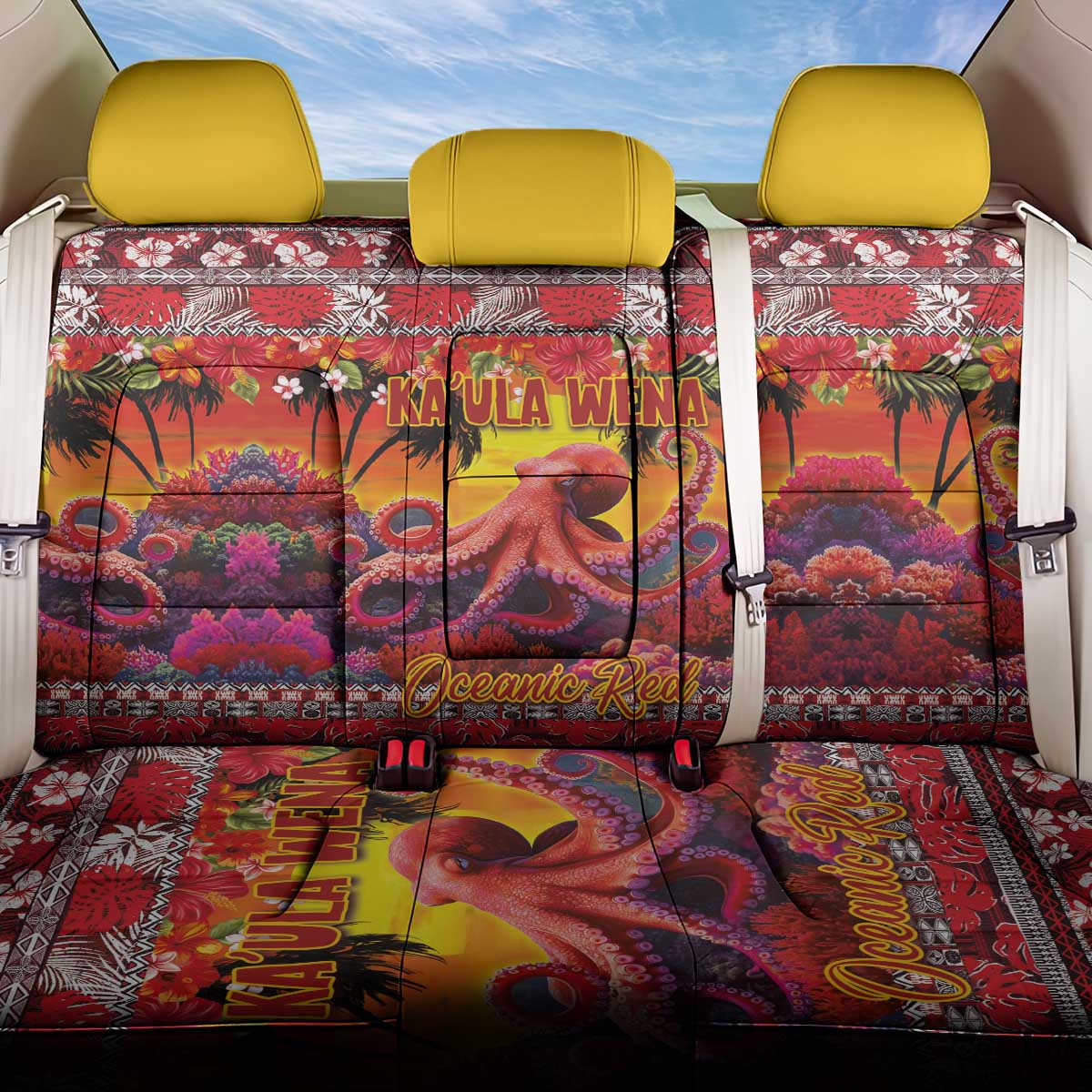 Hawaii KaʻUla Wena Octopus Back Car Seat Cover Oceanic Red with Corals and Tropical On Sunset Landscape