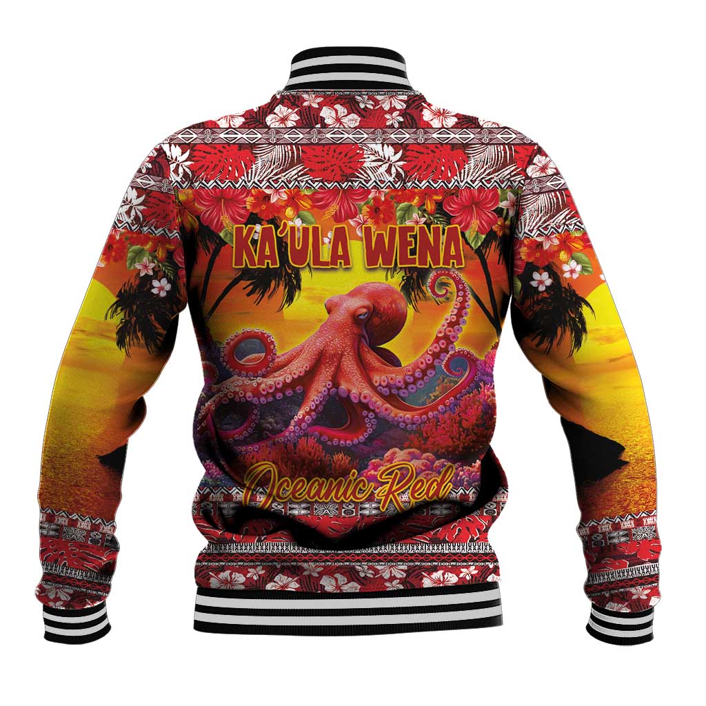Hawaii KaʻUla Wena Octopus Baseball Jacket Oceanic Red with Corals and Tropical On Sunset Landscape