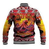 Hawaii KaʻUla Wena Octopus Baseball Jacket Oceanic Red with Corals and Tropical On Sunset Landscape