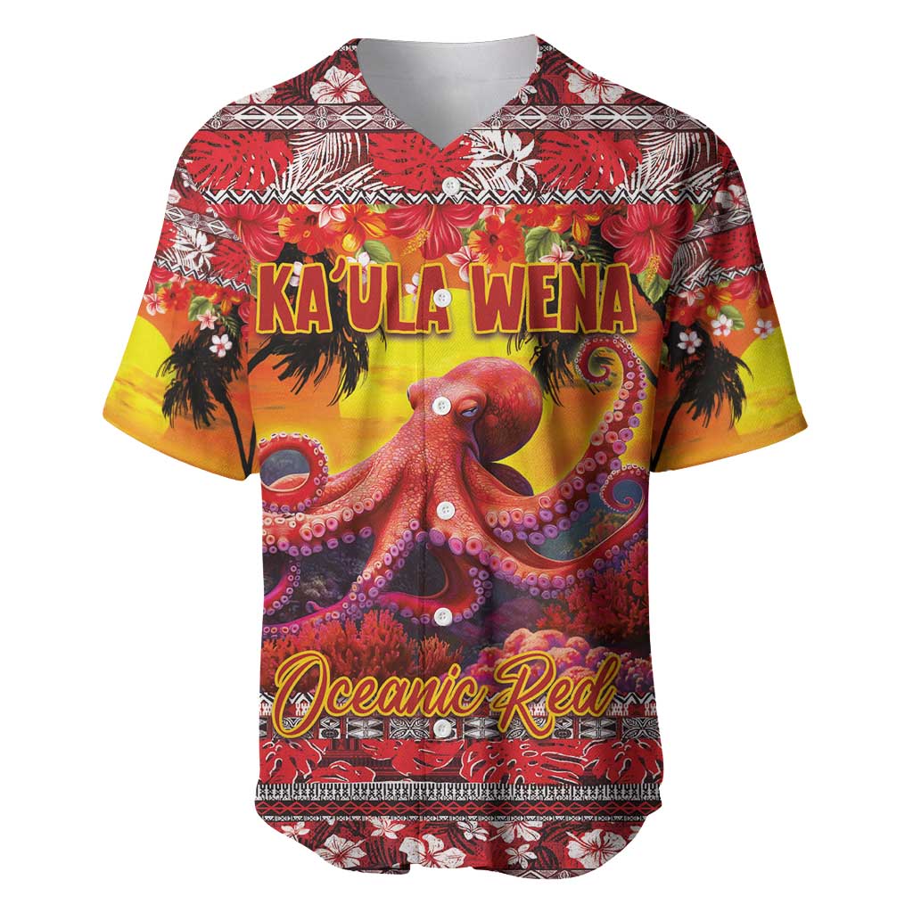 Hawaii KaʻUla Wena Octopus Baseball Jersey Oceanic Red with Corals and Tropical On Sunset Landscape