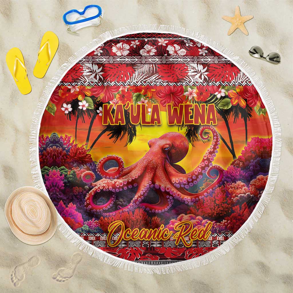 Hawaii KaʻUla Wena Octopus Beach Blanket Oceanic Red with Corals and Tropical On Sunset Landscape