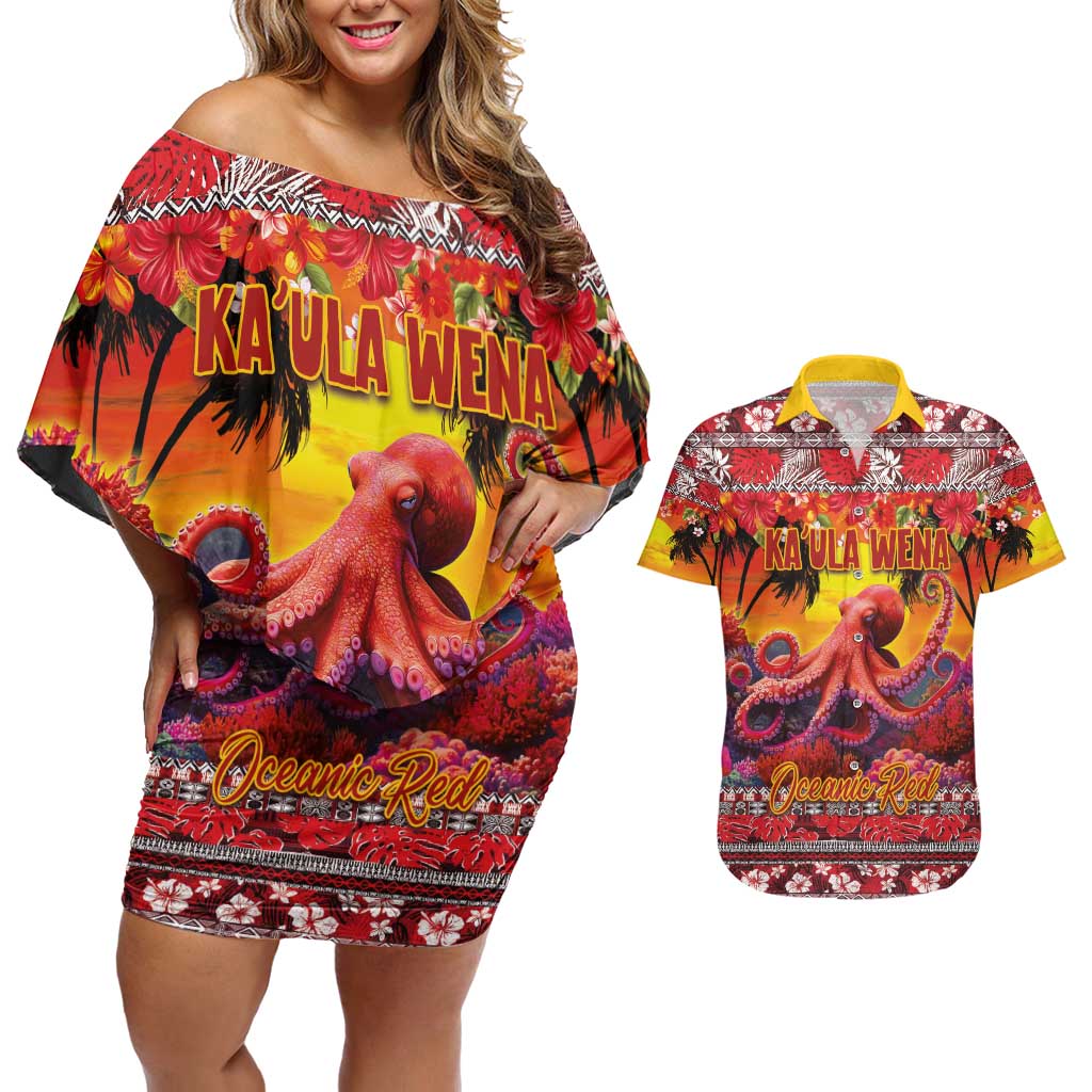 Hawaii KaʻUla Wena Octopus Couples Matching Off Shoulder Short Dress and Hawaiian Shirt Oceanic Red with Corals and Tropical On Sunset Landscape
