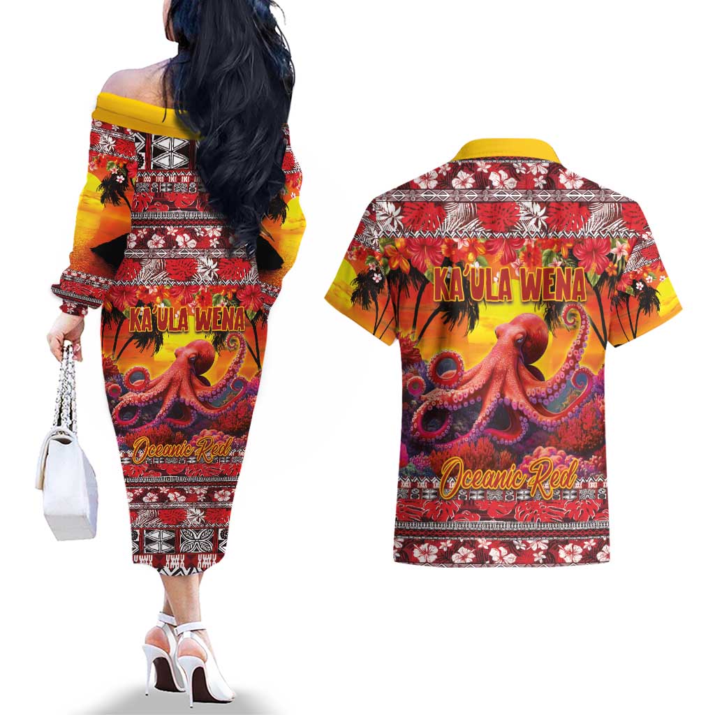 Hawaii KaʻUla Wena Octopus Couples Matching Off The Shoulder Long Sleeve Dress and Hawaiian Shirt Oceanic Red with Corals and Tropical On Sunset Landscape