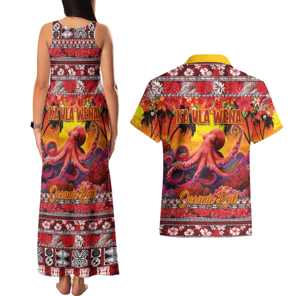 Hawaii KaʻUla Wena Octopus Couples Matching Tank Maxi Dress and Hawaiian Shirt Oceanic Red with Corals and Tropical On Sunset Landscape