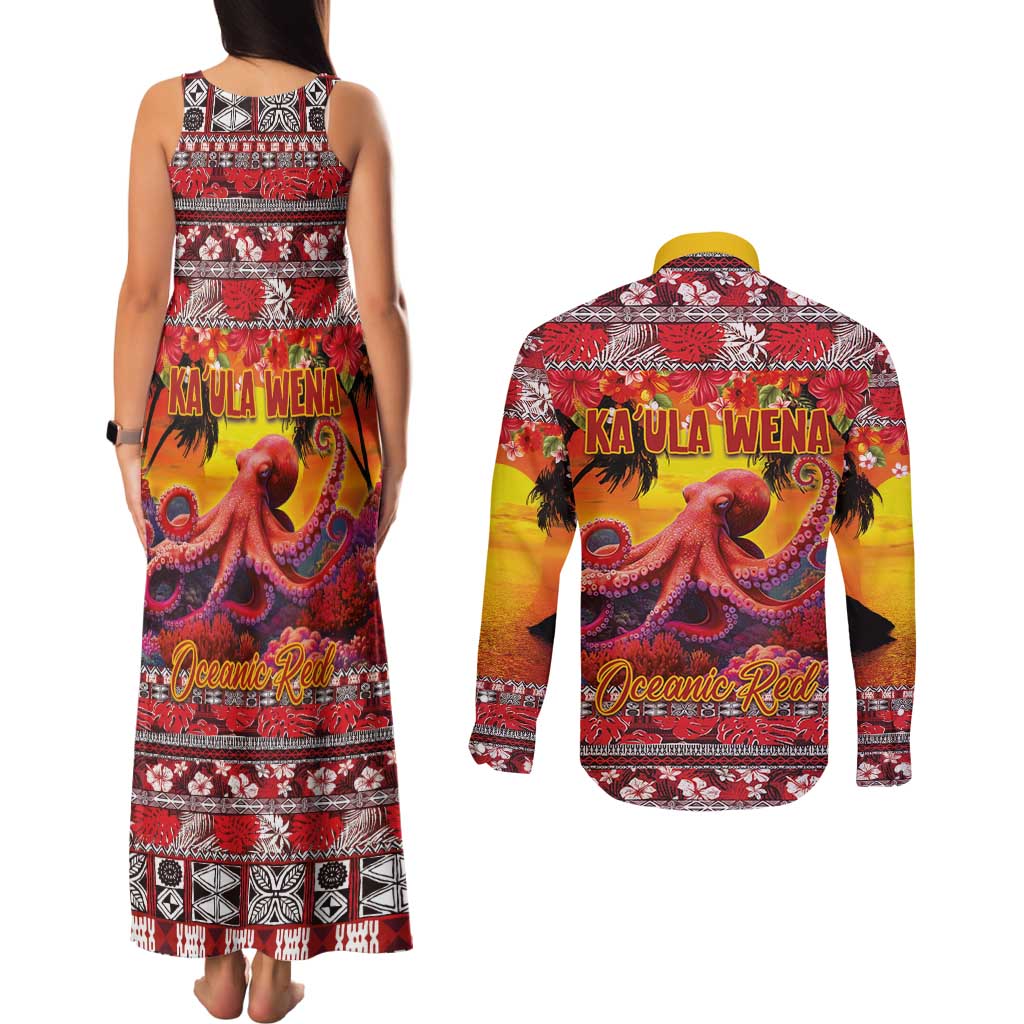 Hawaii KaʻUla Wena Octopus Couples Matching Tank Maxi Dress and Long Sleeve Button Shirt Oceanic Red with Corals and Tropical On Sunset Landscape