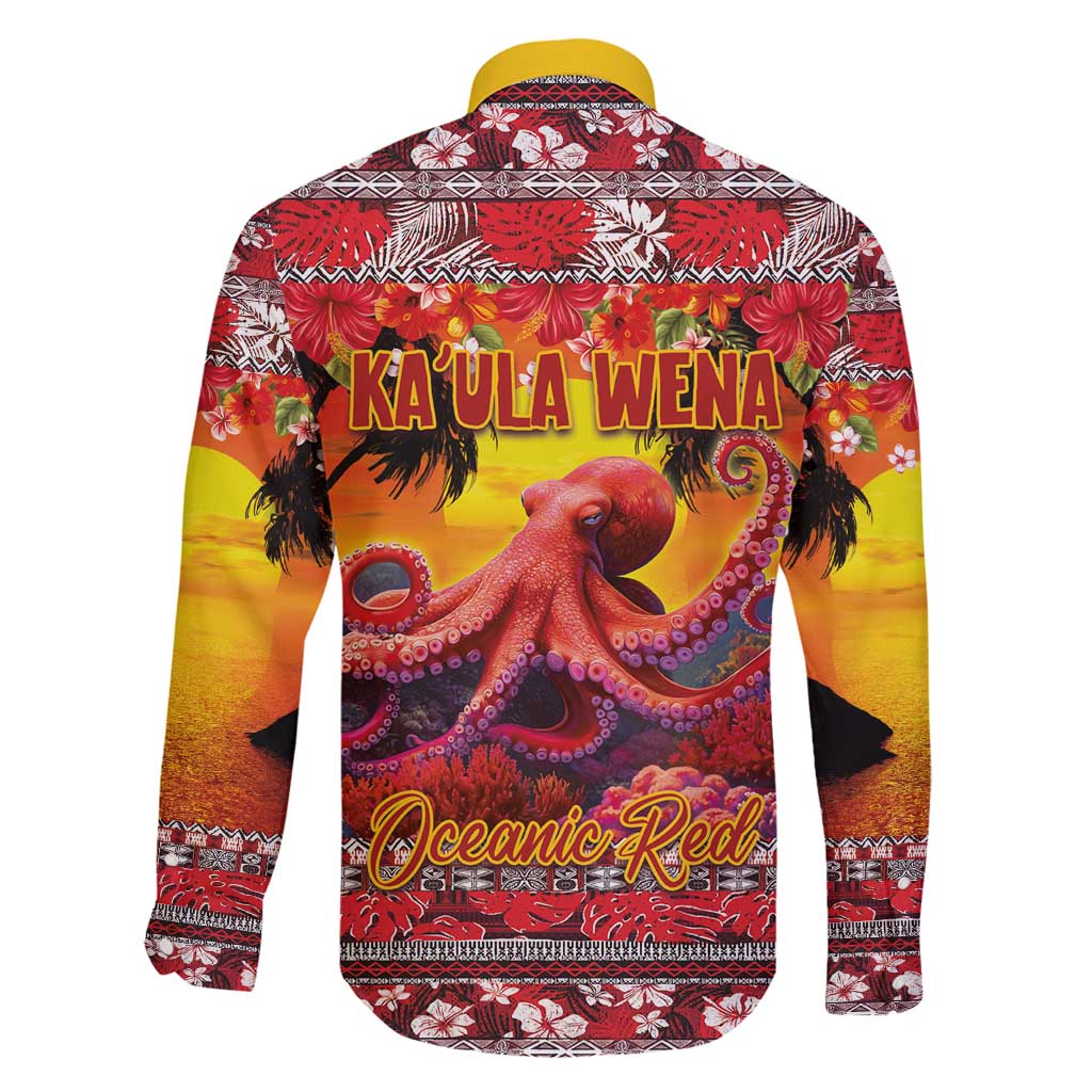 Hawaii KaʻUla Wena Octopus Family Matching Long Sleeve Bodycon Dress and Hawaiian Shirt Oceanic Red with Corals and Tropical On Sunset Landscape