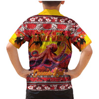 Hawaii KaʻUla Wena Octopus Family Matching Mermaid Dress and Hawaiian Shirt Oceanic Red with Corals and Tropical On Sunset Landscape