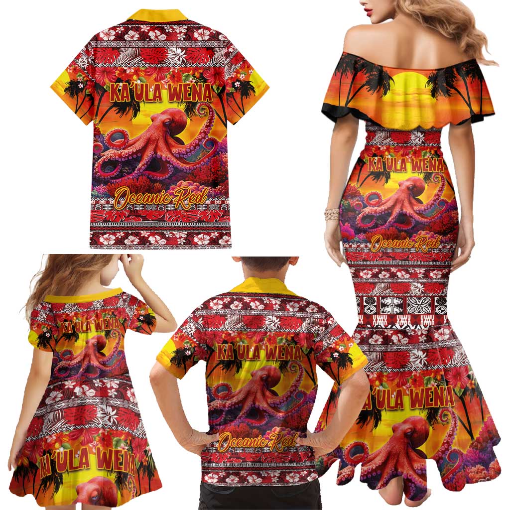 Hawaii KaʻUla Wena Octopus Family Matching Mermaid Dress and Hawaiian Shirt Oceanic Red with Corals and Tropical On Sunset Landscape