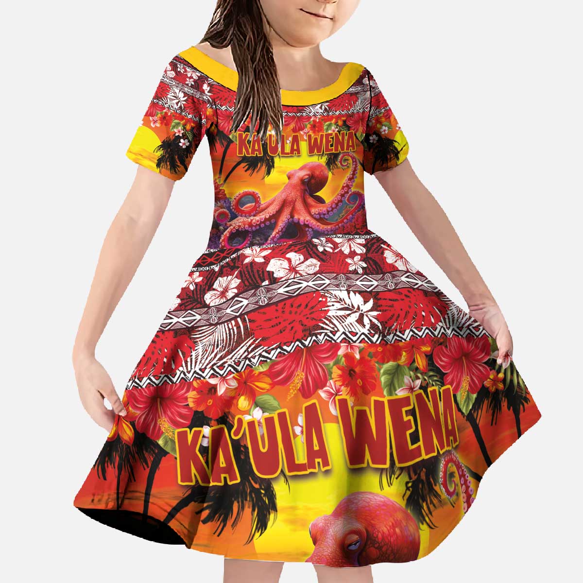 Hawaii KaʻUla Wena Octopus Family Matching Off The Shoulder Long Sleeve Dress and Hawaiian Shirt Oceanic Red with Corals and Tropical On Sunset Landscape