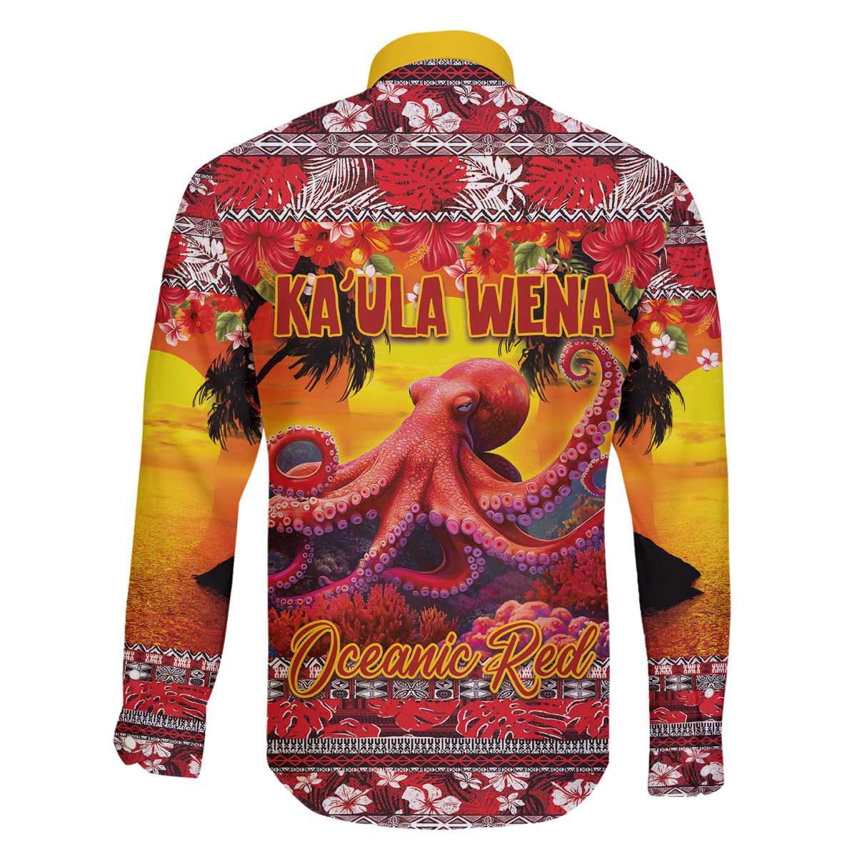 Hawaii KaʻUla Wena Octopus Family Matching Off The Shoulder Long Sleeve Dress and Hawaiian Shirt Oceanic Red with Corals and Tropical On Sunset Landscape