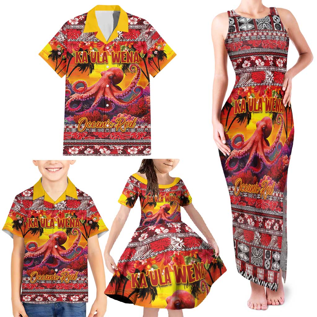 Hawaii KaʻUla Wena Octopus Family Matching Tank Maxi Dress and Hawaiian Shirt Oceanic Red with Corals and Tropical On Sunset Landscape